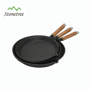 Wood Handle Flat Bottom Cast Iron Fry Pan